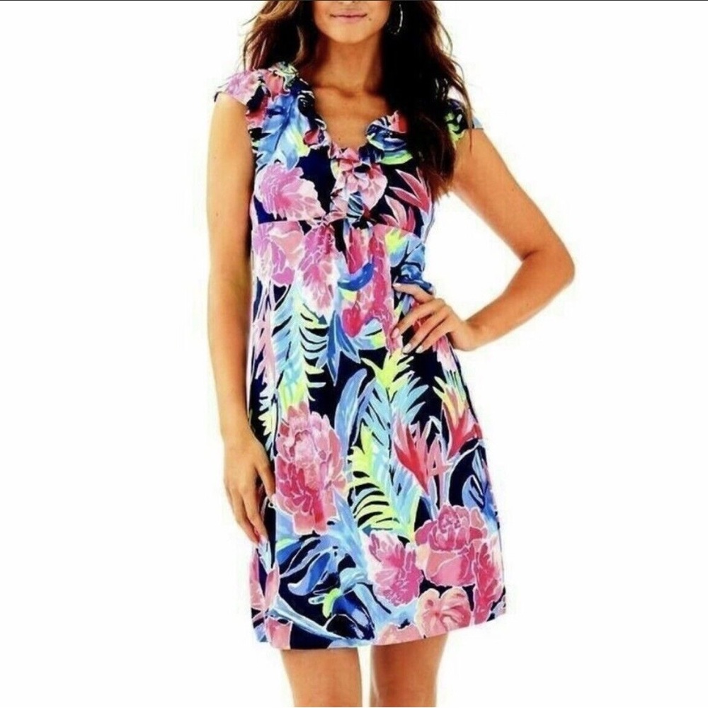 NWT Lilly Pulitzer Clare Silk Jersey Dress in High Tide Navy Tropicolada